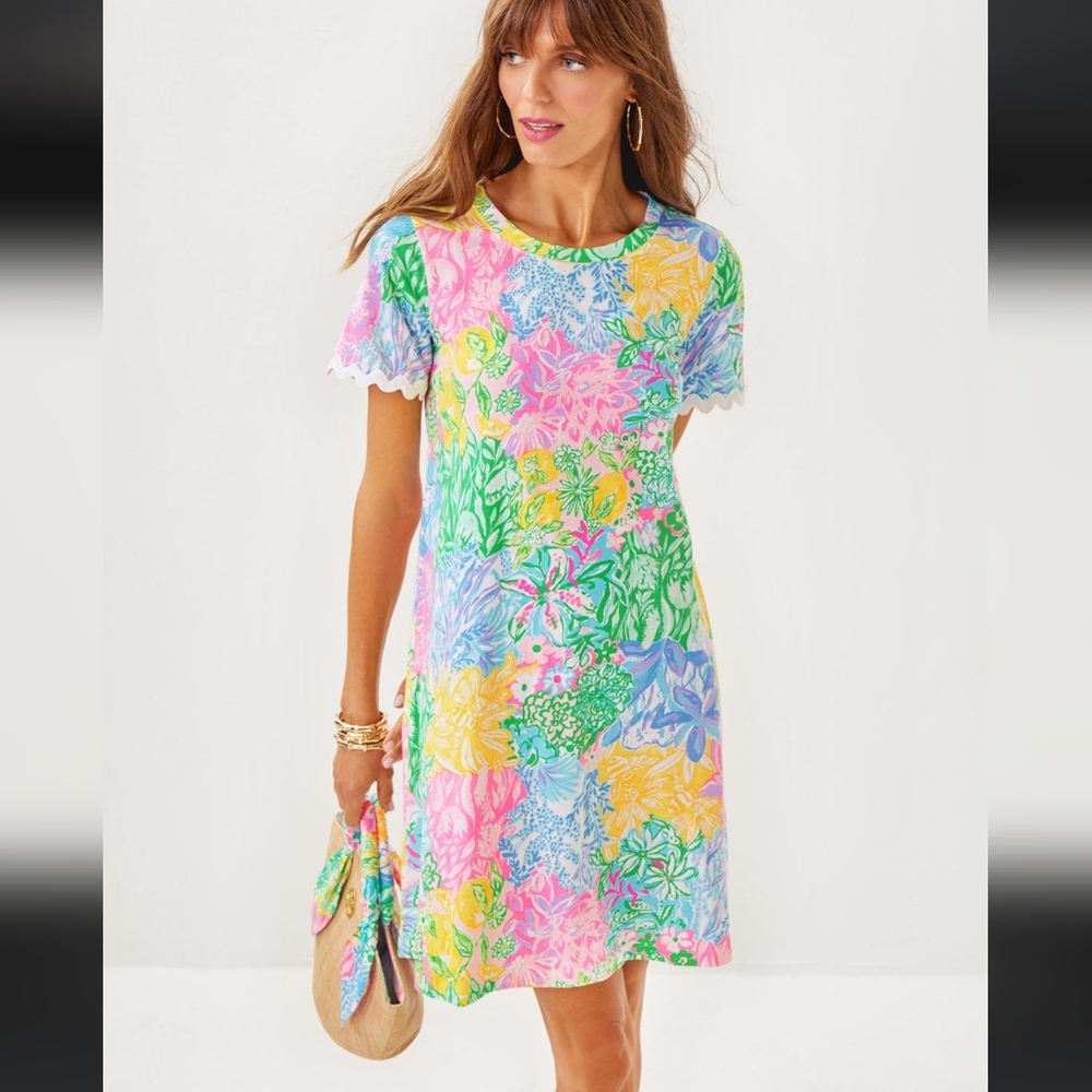 Like New Lilly Pulitzer Cody Short Sleeve Dress Bright Delight Patchwork SZ XS